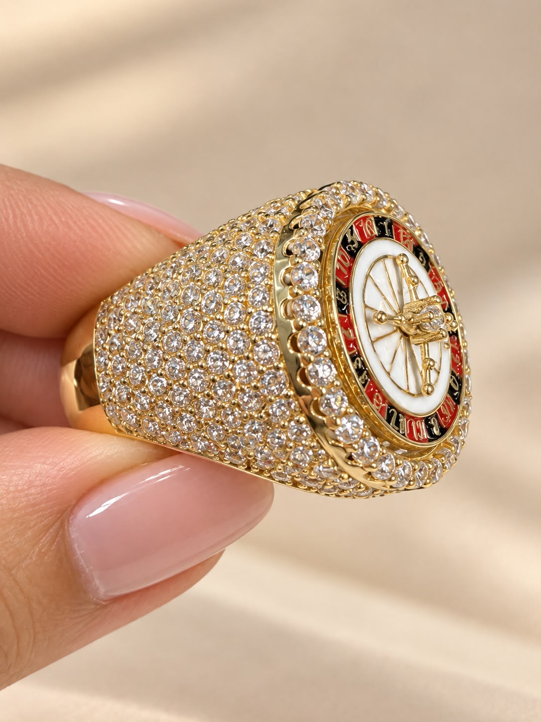 10K Yellow Gold Men's Roulette Spinner Ring CZ Stones Casino Gambling Ring 8g