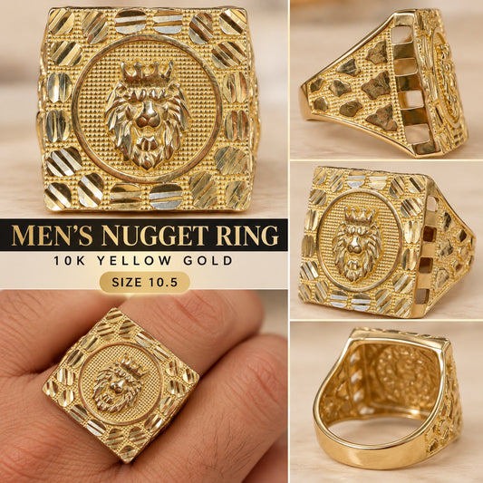10K Yellow Gold Men's Lion Head Crown Nugget Ring Square Statement Ring Size 10.5