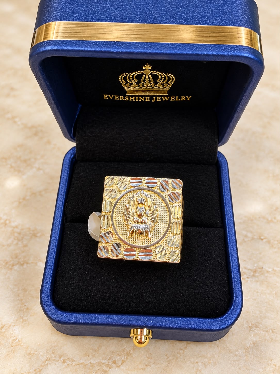 10K Yellow Gold Men's Lion Head Crown Nugget Ring Square Statement Ring Size 10.5