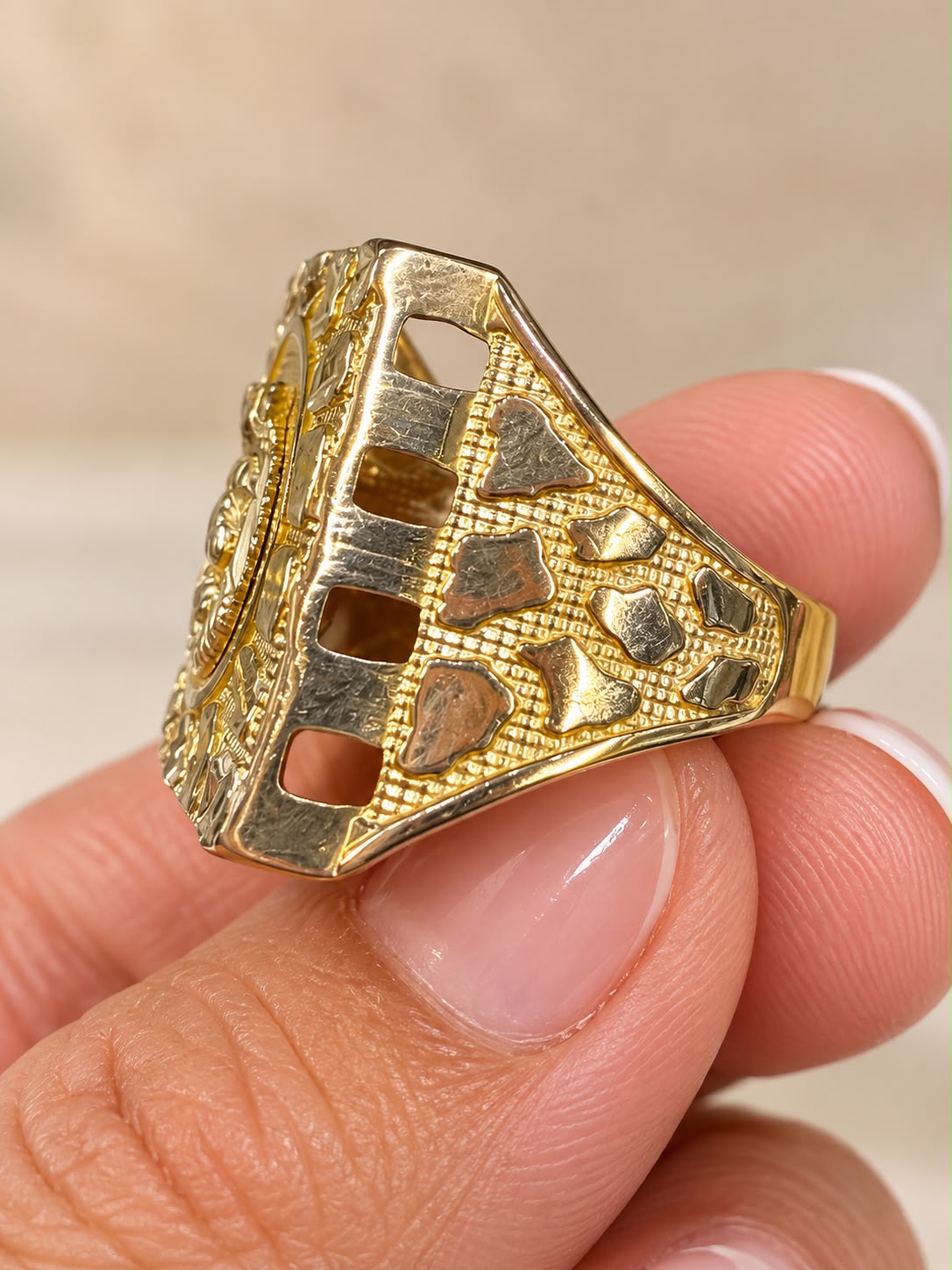 10K Yellow Gold Men's Lion Head Crown Nugget Ring Square Statement Ring Size 10.5