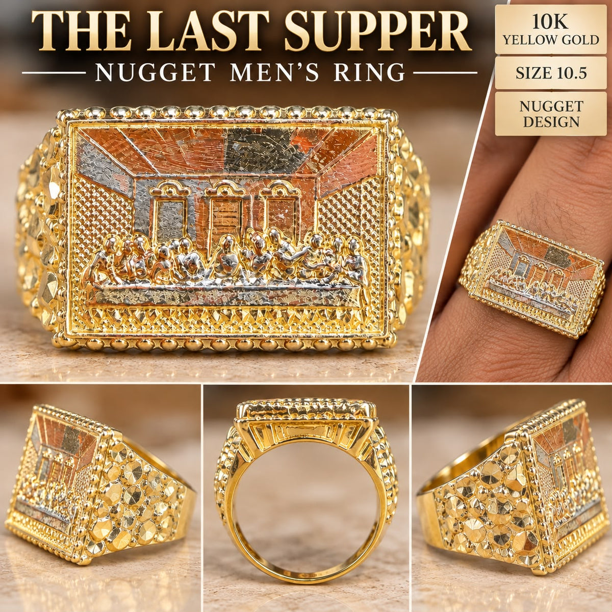 10K Yellow Gold Men's Last Supper Jesus Christ Nugget Ring Size 10.5 Religious