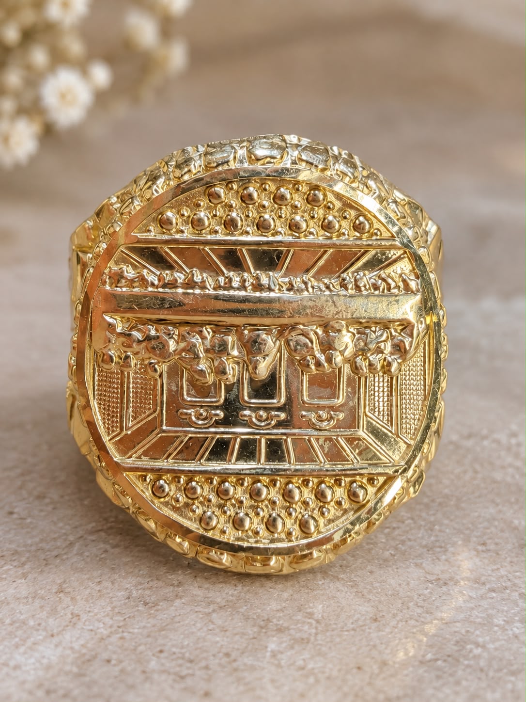 10K Yellow Gold Men's Last Supper Jesus Christ Round Nugget Ring Religious Jewelry