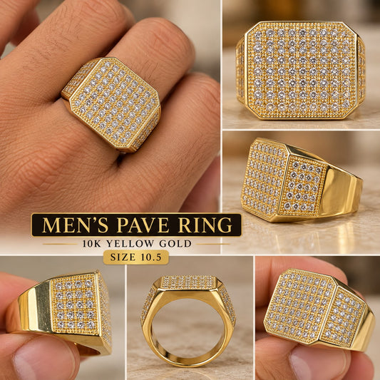10K Yellow Gold Men's CZ Pave Iced Out Square Statement Ring Size 10.5