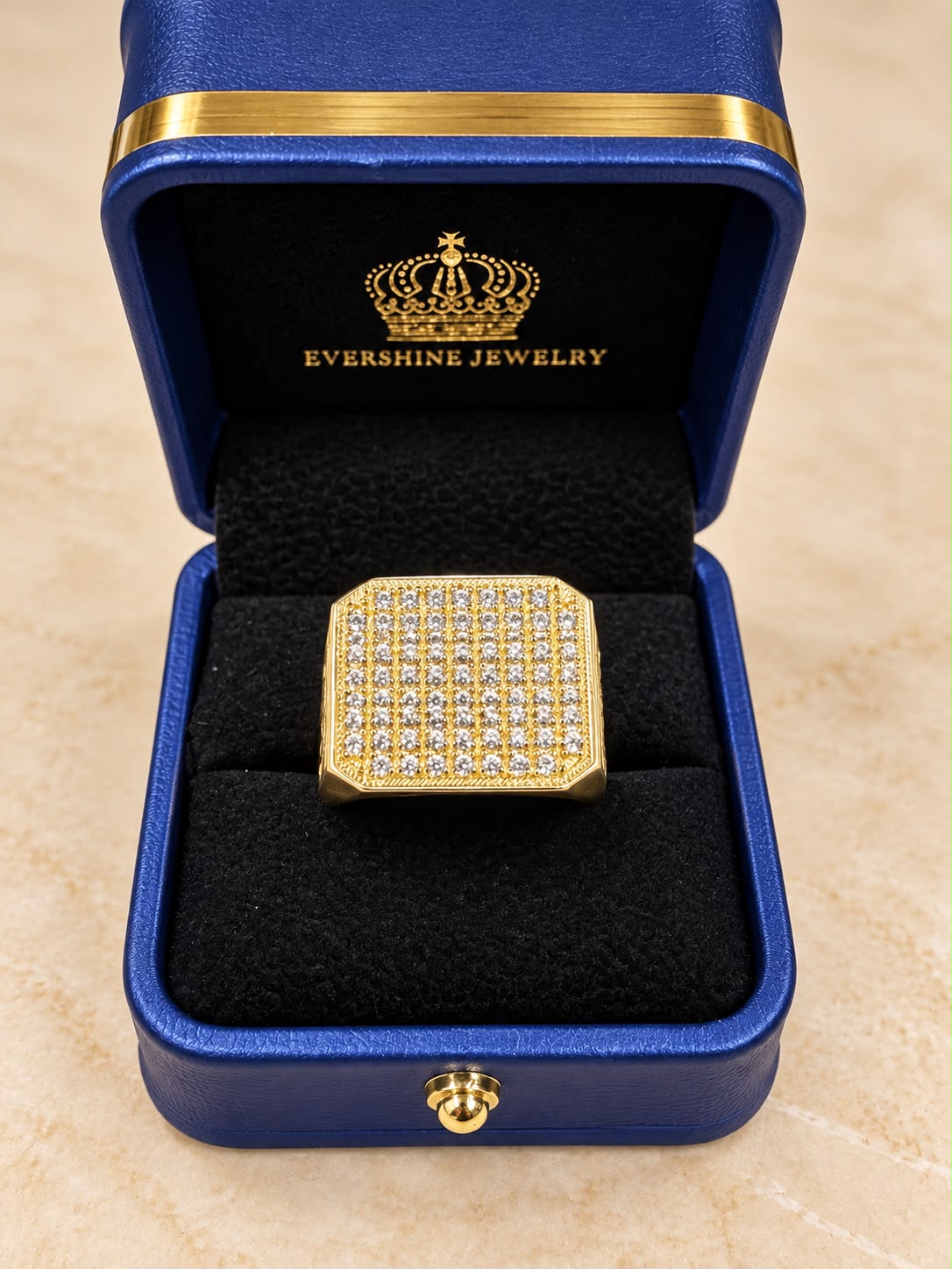 10K Yellow Gold Men's CZ Pave Iced Out Square Statement Ring Size 10.5