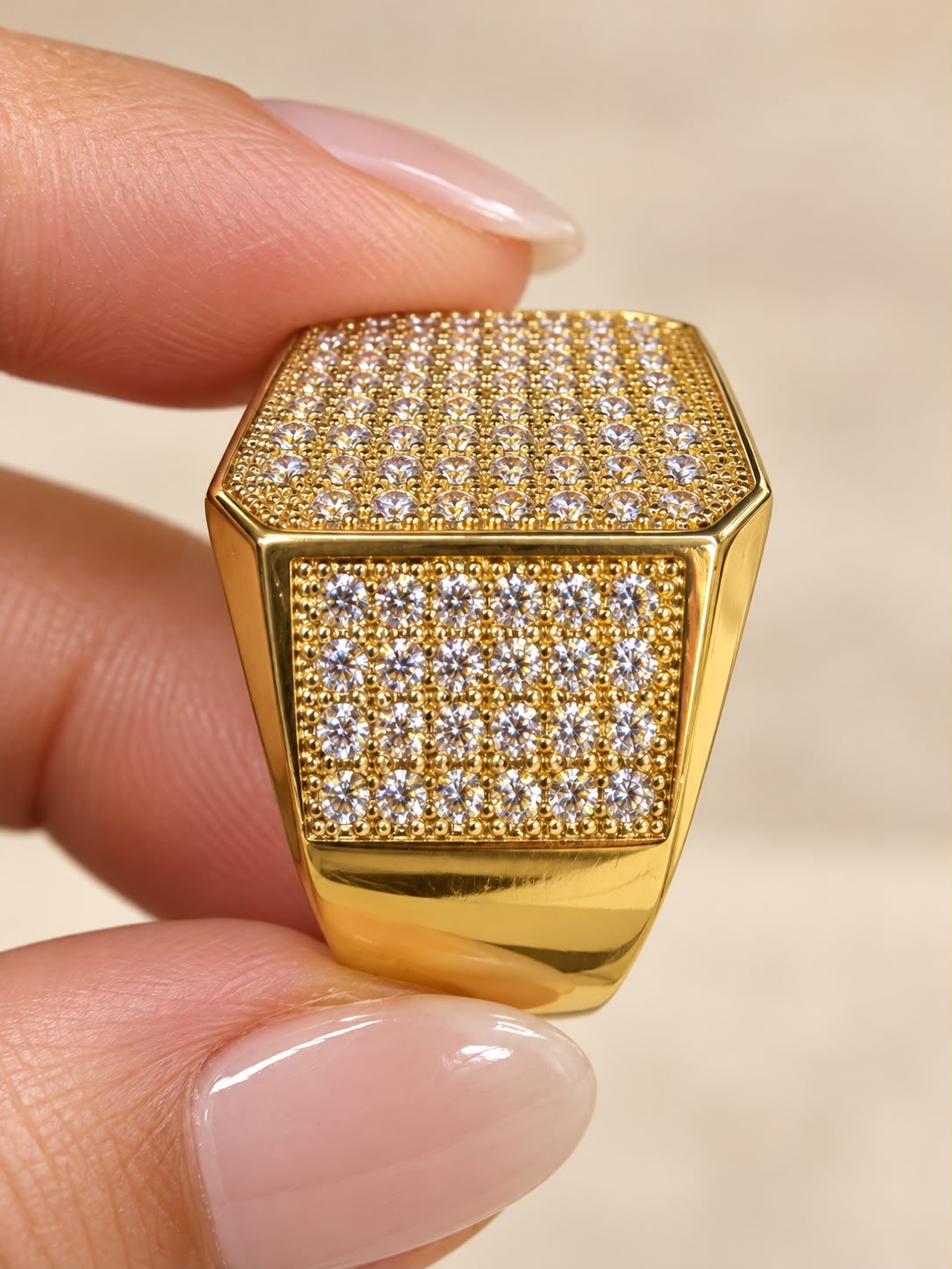 10K Yellow Gold Men's CZ Pave Iced Out Square Statement Ring Size 10.5