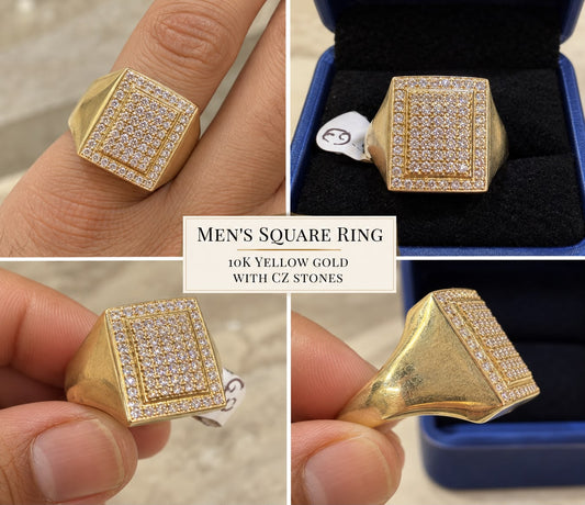 10K Yellow Gold Men's Square CZ Pave Iced Out Signet Ring Statement Jewelry