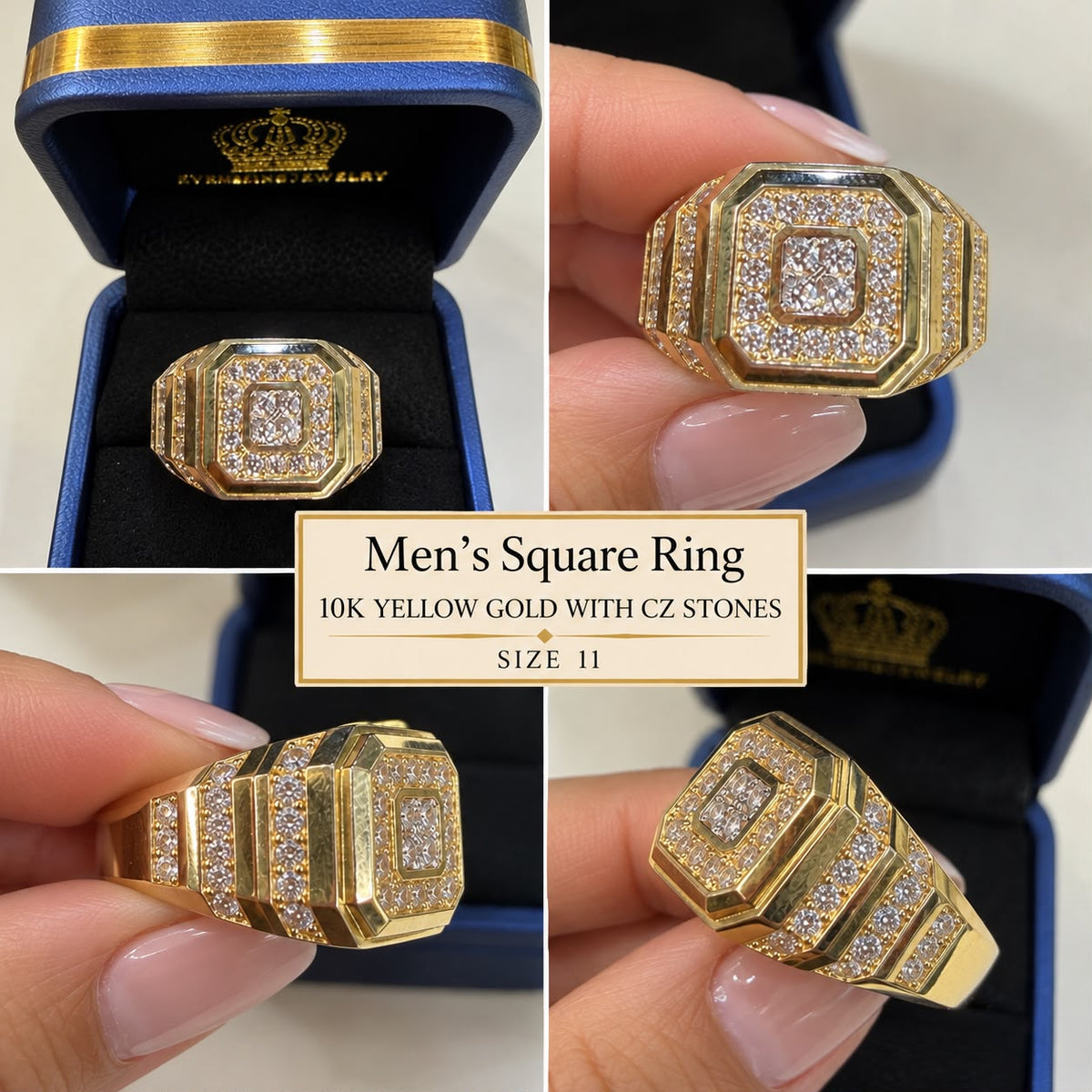 10K Yellow Gold Men's CZ Octagon Square Signet Ring Size 11 Iced Out Statement
