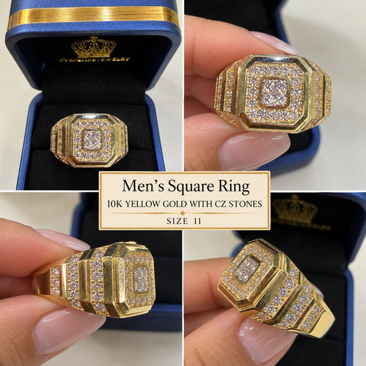 10K Yellow Gold Men's CZ Octagon Square Signet Ring Size 11 Iced Out Statement
