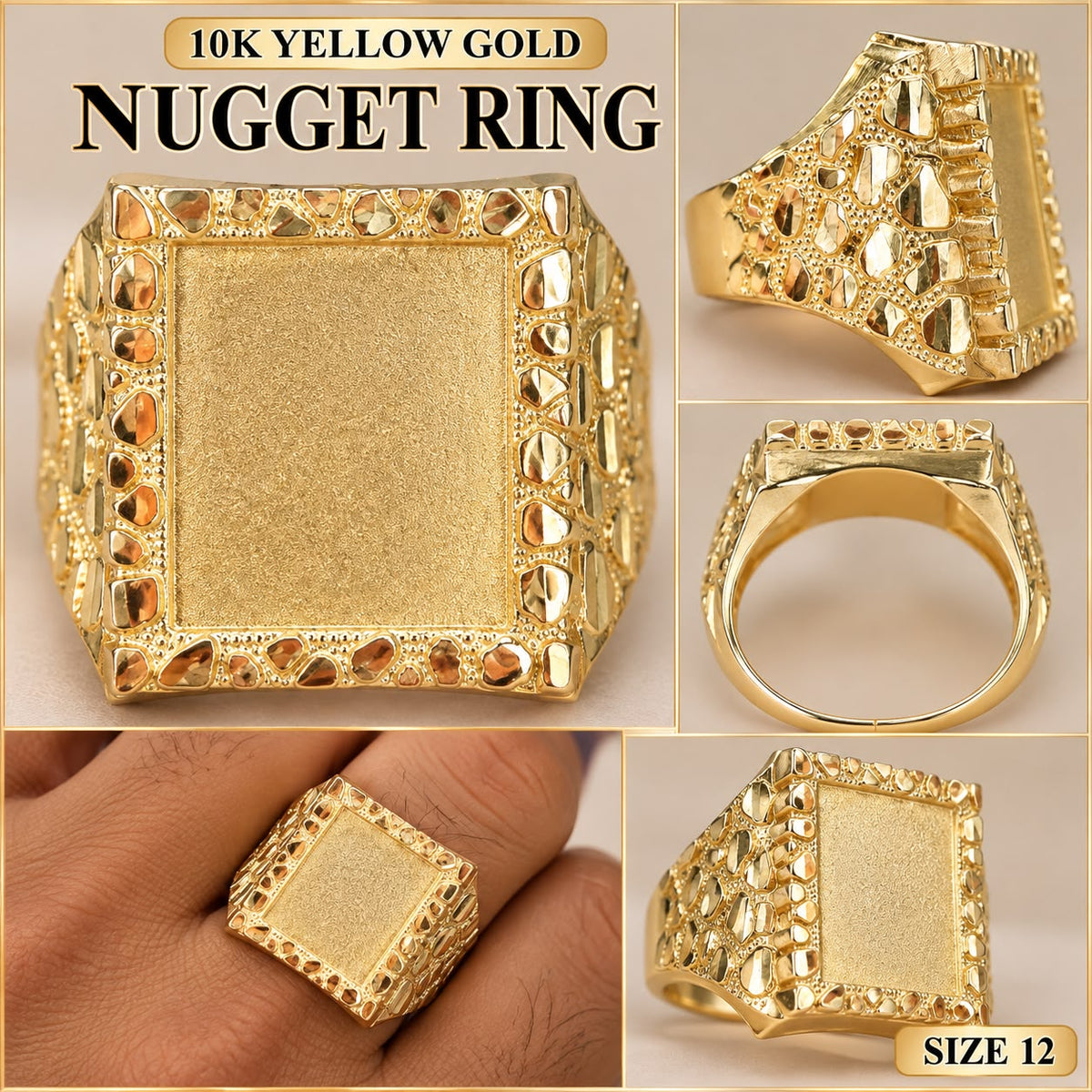 10K Yellow Gold Men's Nugget Signet Ring Size 12 Square Face Free Engraving 6.66g