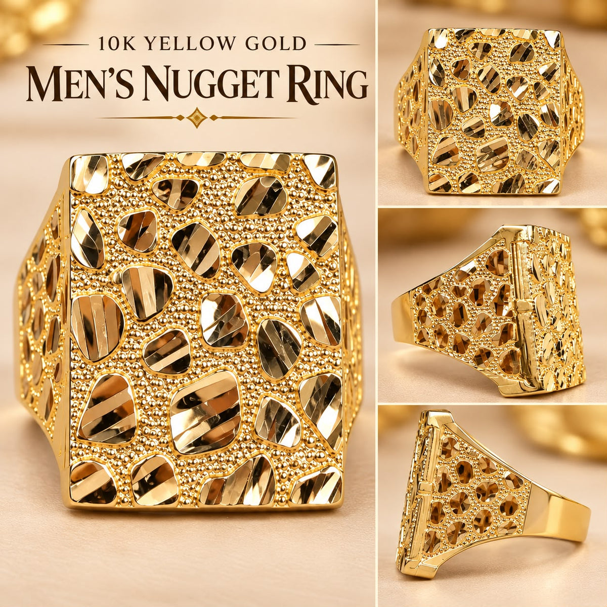 10K Yellow Gold Men's Nugget Ring Wide Square Diamond Cut Statement Ring 5.1g