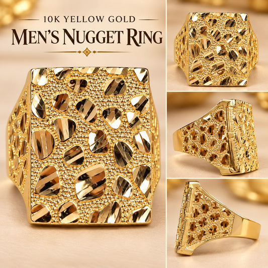 10K Yellow Gold Men's Nugget Ring Wide Square Diamond Cut Statement Ring 5.1g