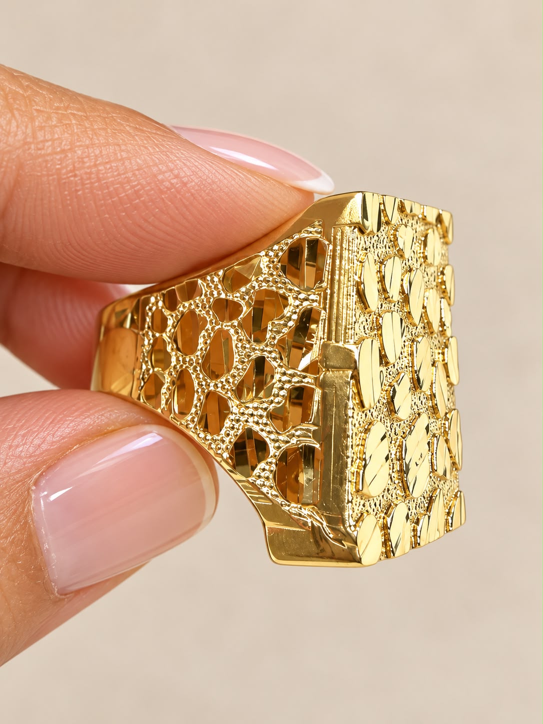 10K Yellow Gold Men's Nugget Ring Wide Square Diamond Cut Statement Ring 5.1g