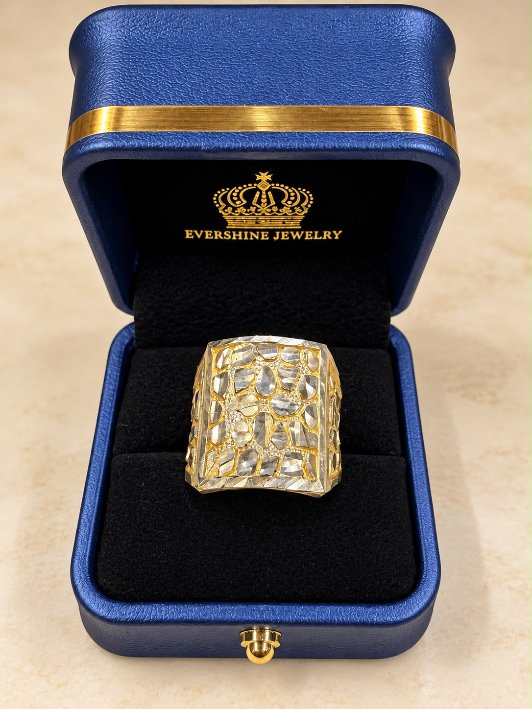 10K Yellow Gold Men's Nugget Ring Wide Rectangular Diamond Cut Statement Ring 6.29g