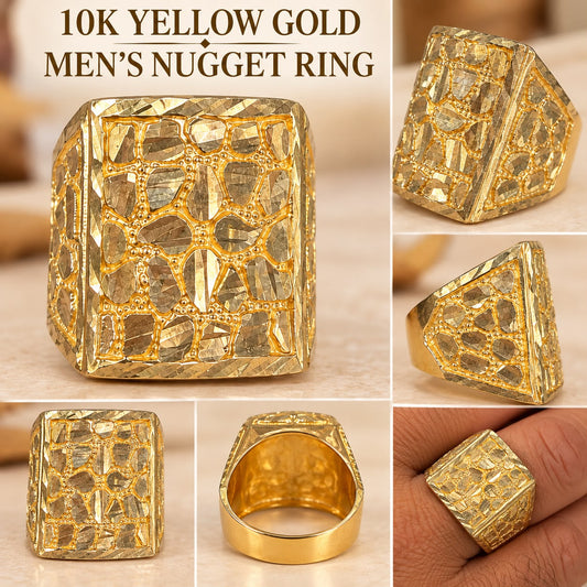 10K Yellow Gold Men's Nugget Ring Wide Rectangular Diamond Cut Statement Ring 6.29g