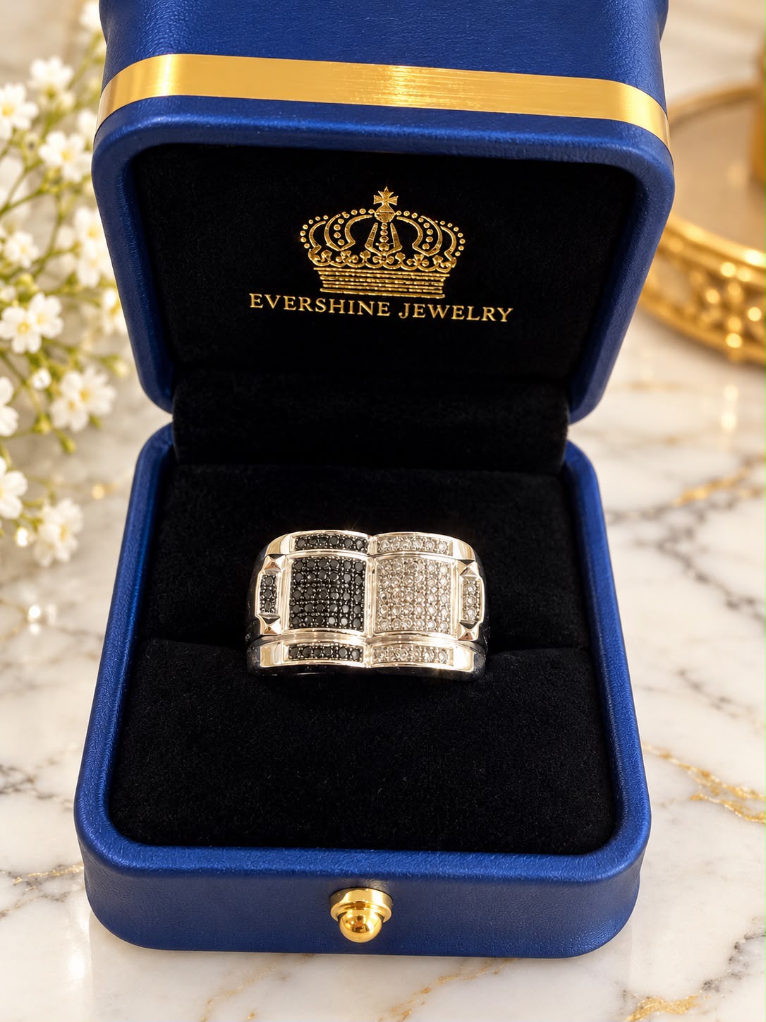 Men's 10K White Gold Ring Combination of Black and White Diamonds