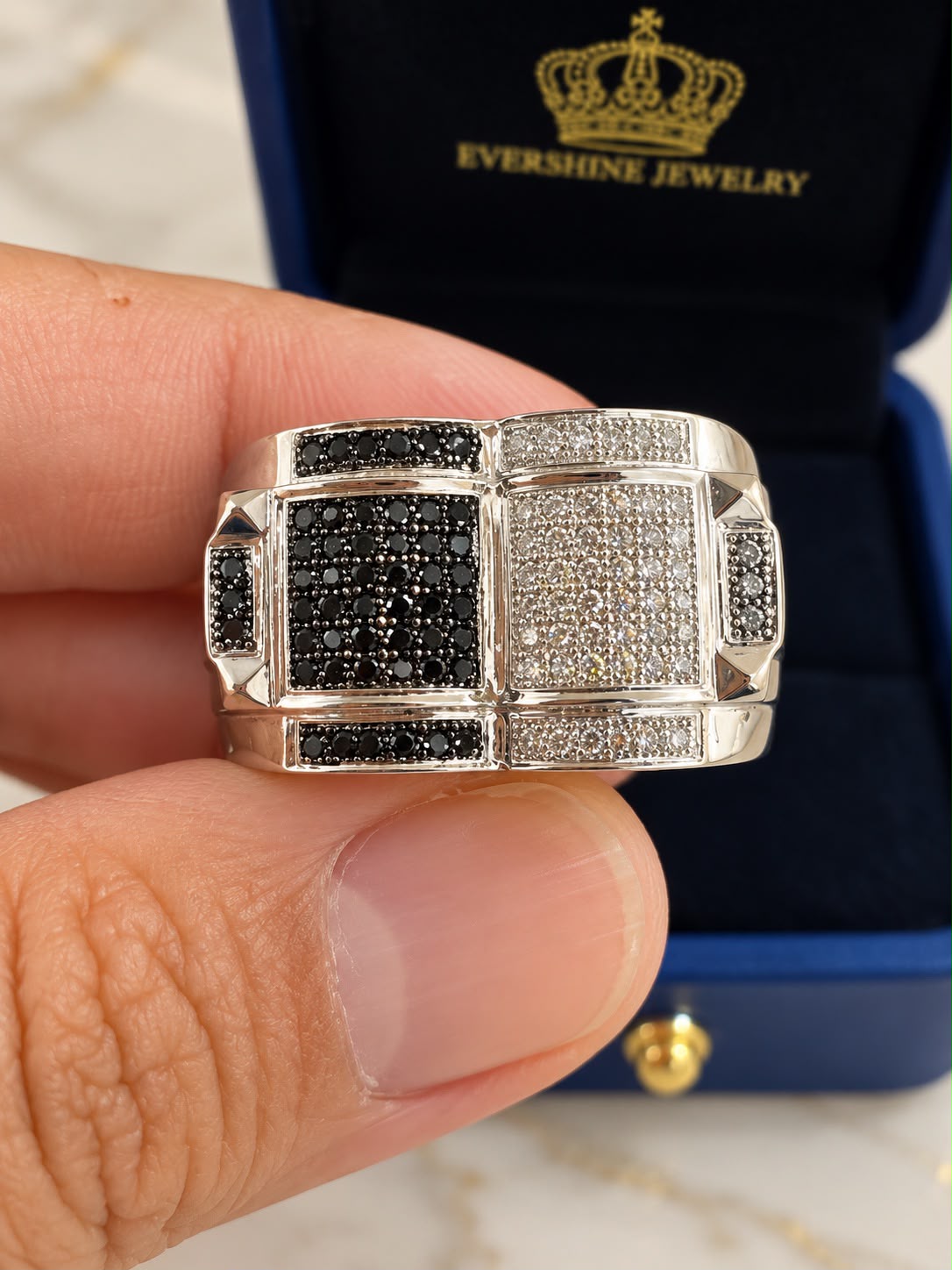 Men's 10K White Gold Ring Combination of Black and White Diamonds