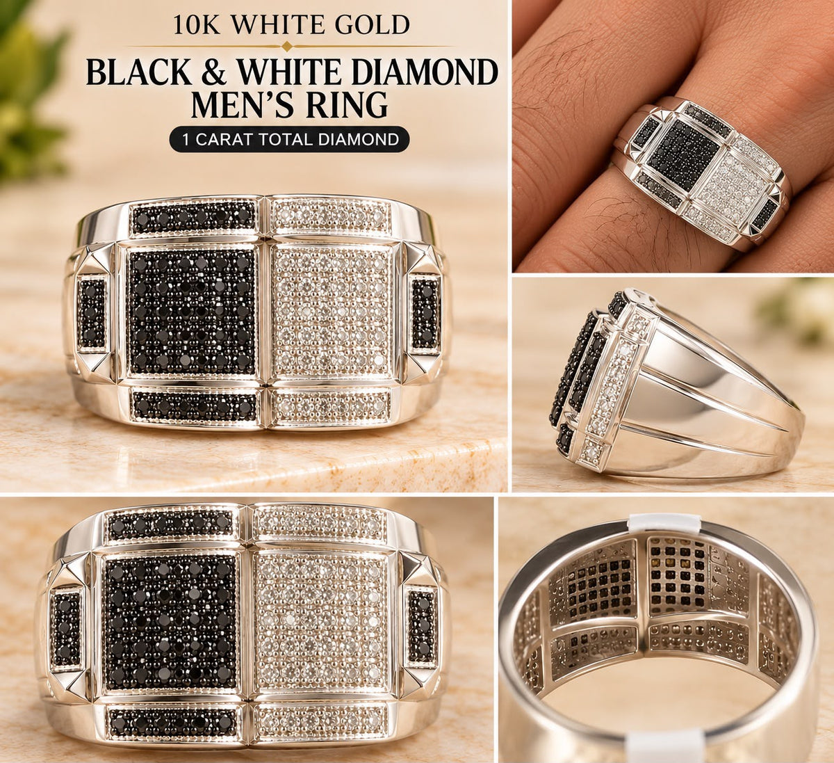 Men's 10K White Gold Ring Combination of Black and White Diamonds
