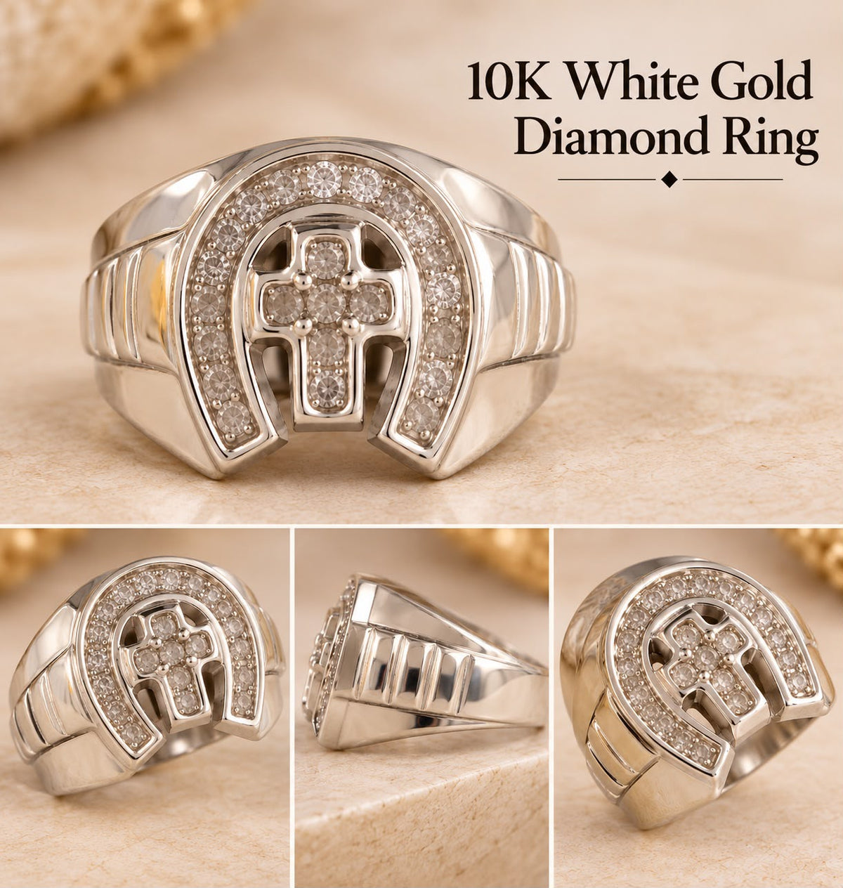 Men’s 10K White Gold Diamond Ring Horseshoe design with a Diamond-studded Cross in the center
