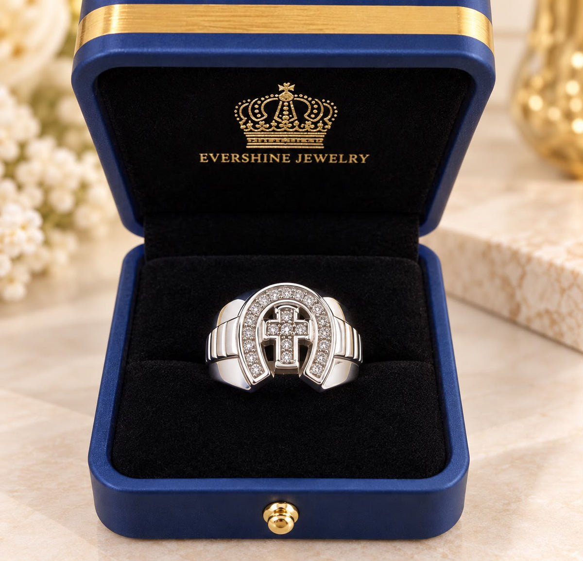 Men’s 10K White Gold Diamond Ring Horseshoe design with a Diamond-studded Cross in the center