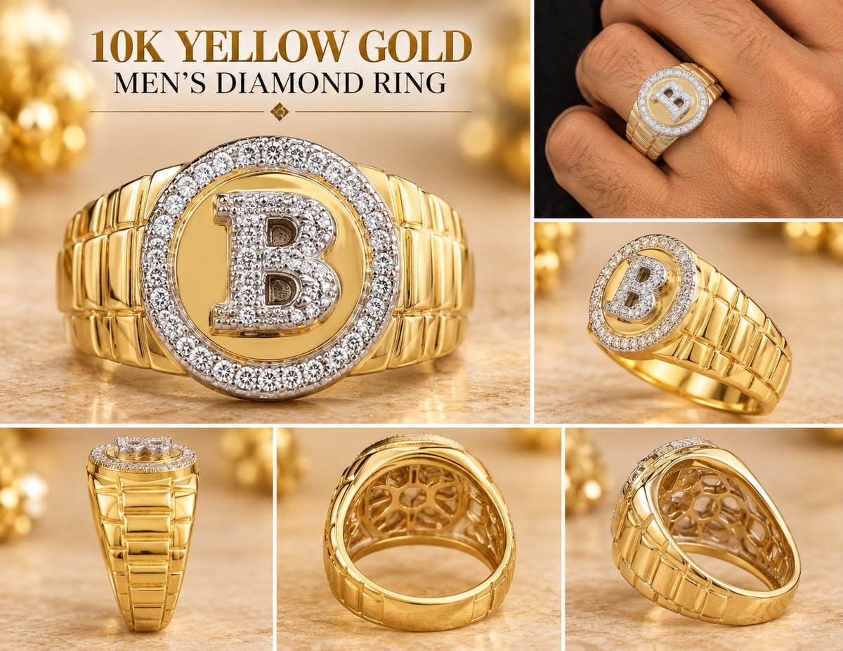 Men’s 10K Yellow Gold Diamond Initial B Ring Round Signet Statement Jewelry