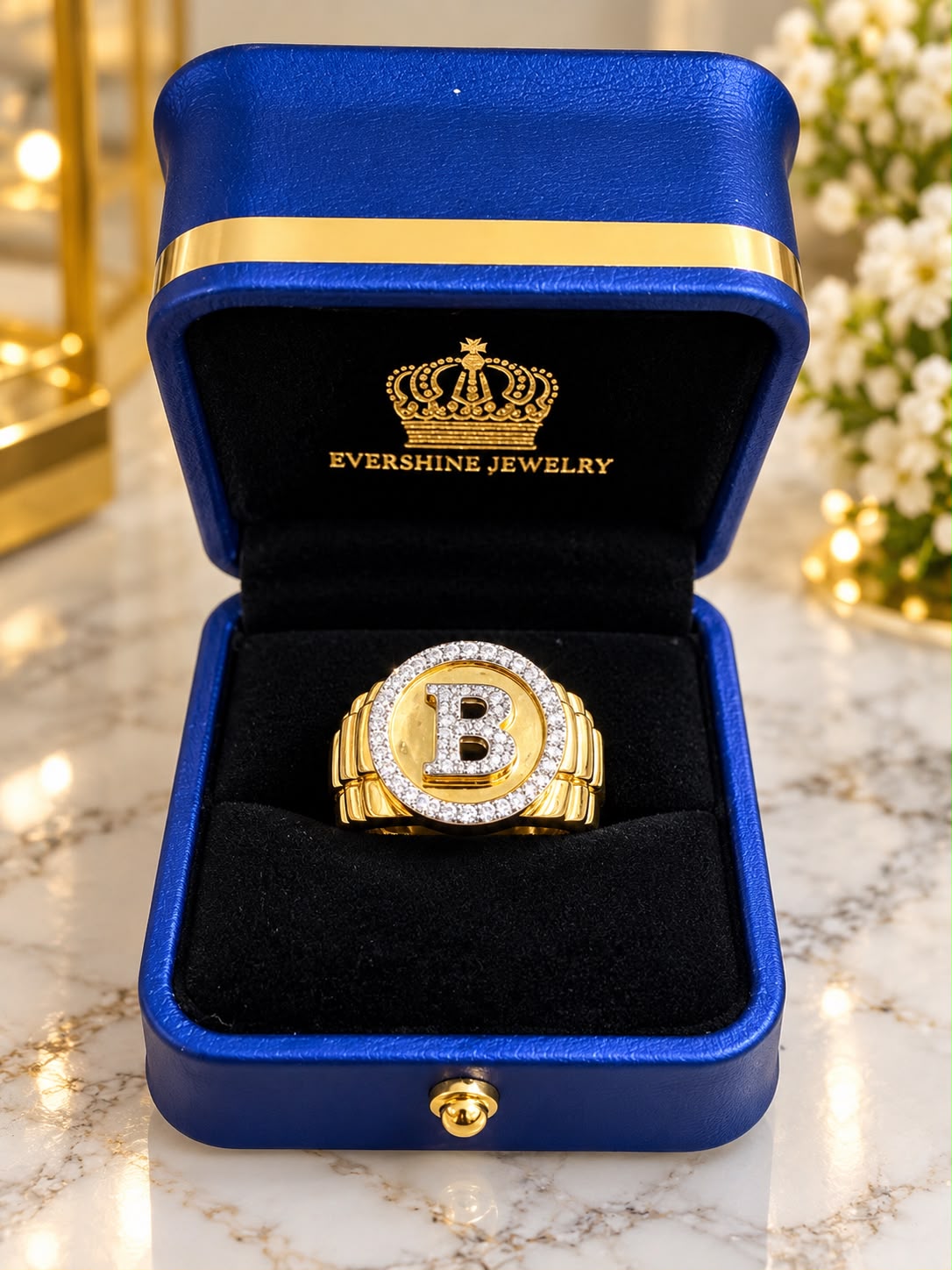 Men’s 10K Yellow Gold Diamond Initial B Ring Round Signet Statement Jewelry