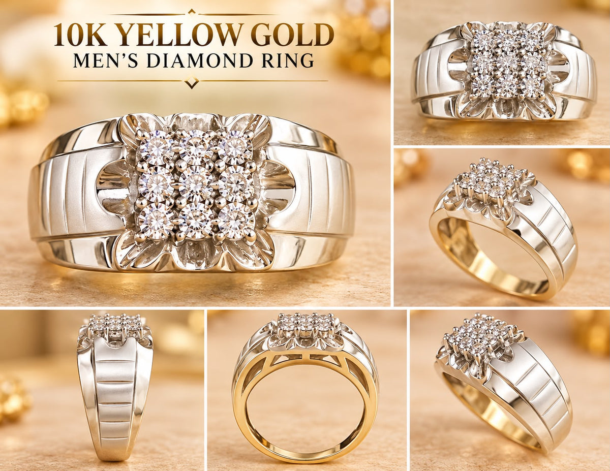 Men’s 10K Yellow Gold 9 Stone Diamond Cluster Ring Square Statement Band