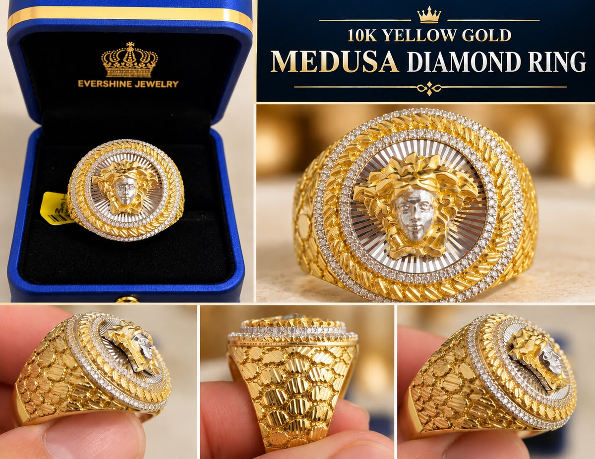 Men’s 10K Yellow Gold Medusa Diamond Ring Two Tone Round Statement Ring
