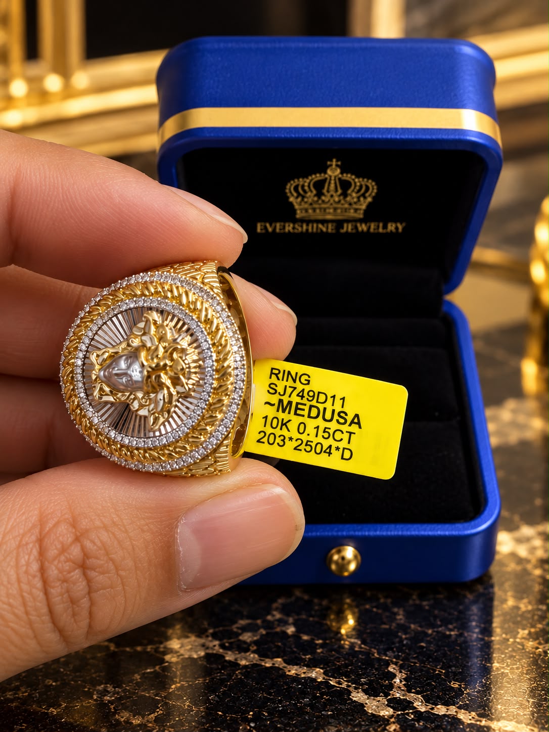 Men’s 10K Yellow Gold Medusa Diamond Ring Two Tone Round Statement Ring