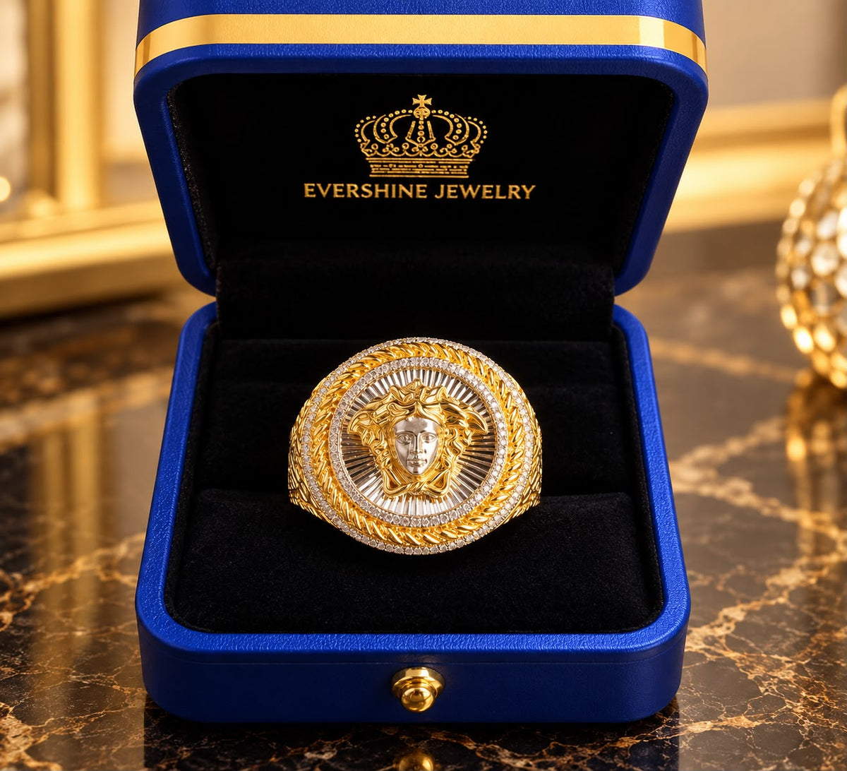 Men’s 10K Yellow Gold Medusa Diamond Ring Two Tone Round Statement Ring