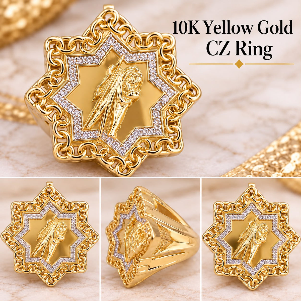 10K Yellow Gold Jesus Christ Face CZ Star Medallion Men’s Ring 12.6 Grams