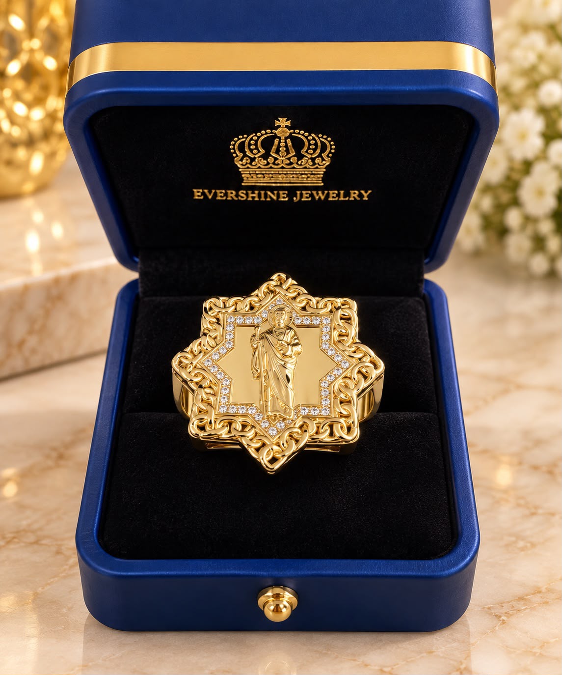 10K Yellow Gold Jesus Christ Face CZ Star Medallion Men’s Ring 12.6 Grams