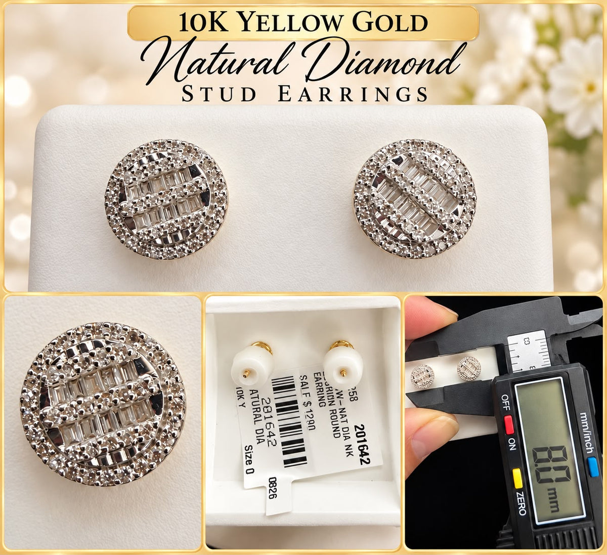 10K Yellow Gold Natural Diamond Round Stud Earrings 8mm