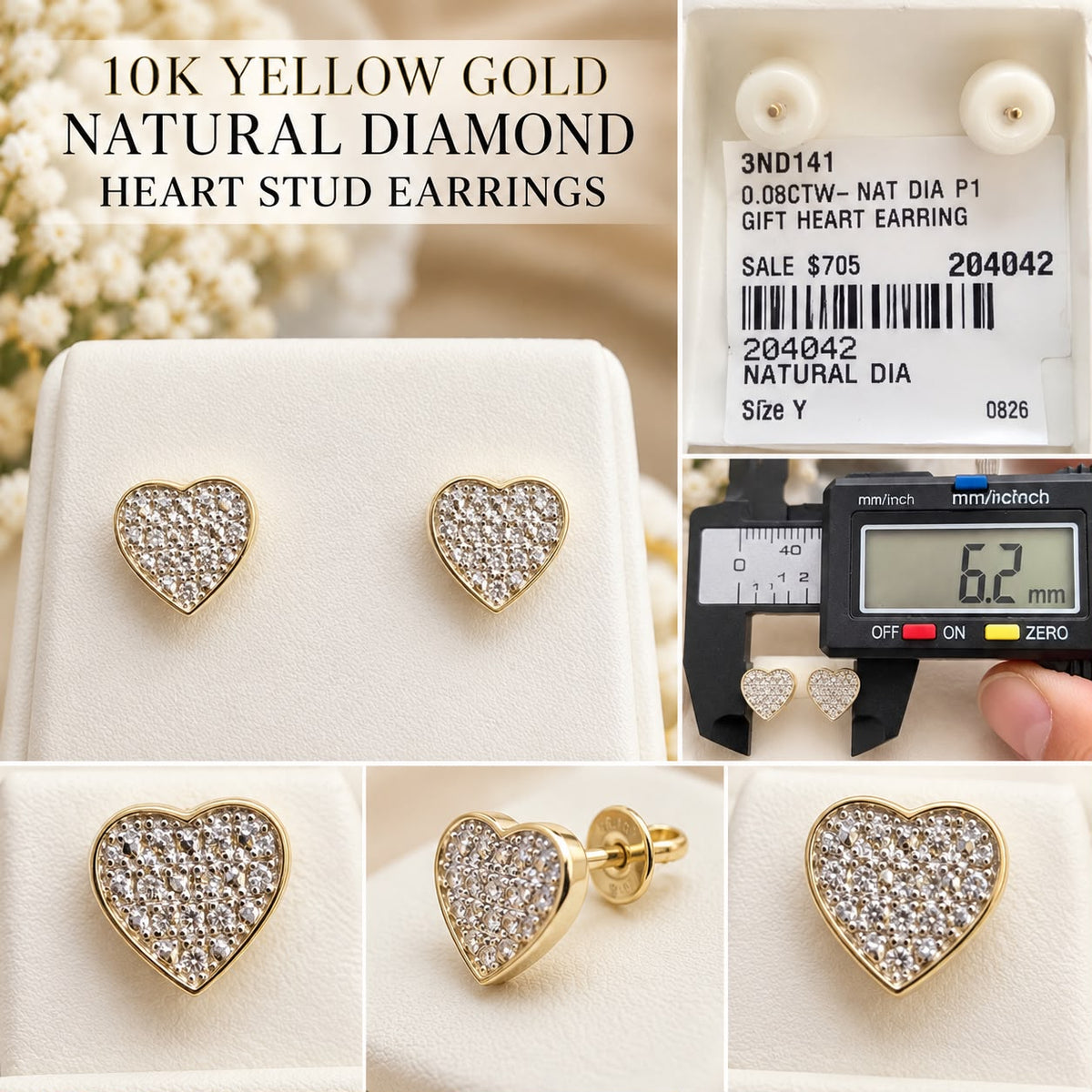 10K Yellow Gold 0.08 CTW Natural Diamond Heart Stud Earrings 6.2mm