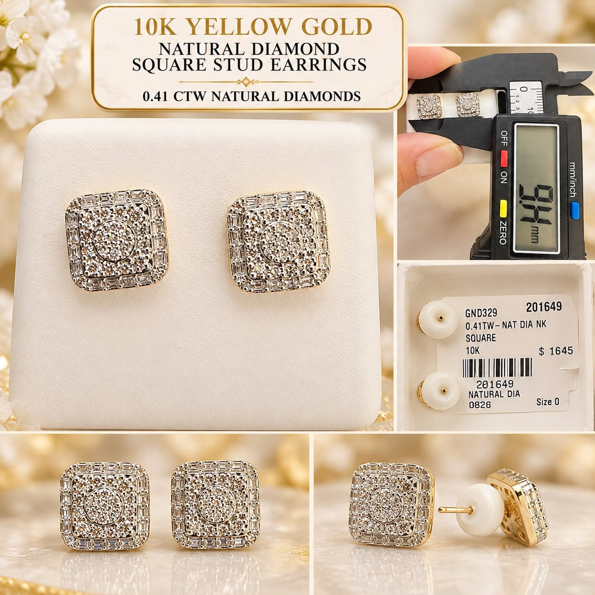 10K Yellow Gold 0.41 CTW Natural Diamond Square Stud Earrings 8.4mm