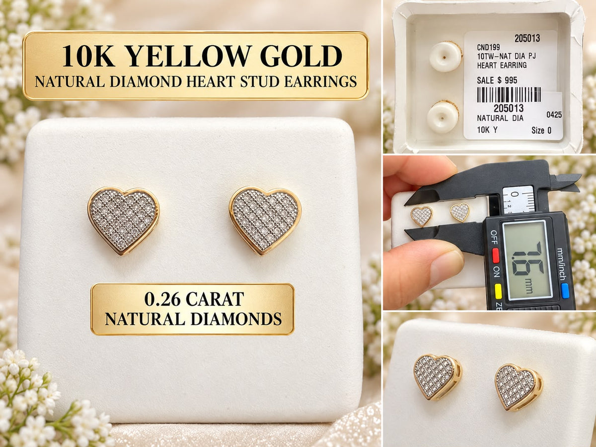 10K Yellow Gold 0.10 CTW Natural Diamond Heart Stud Earrings 7.6mm