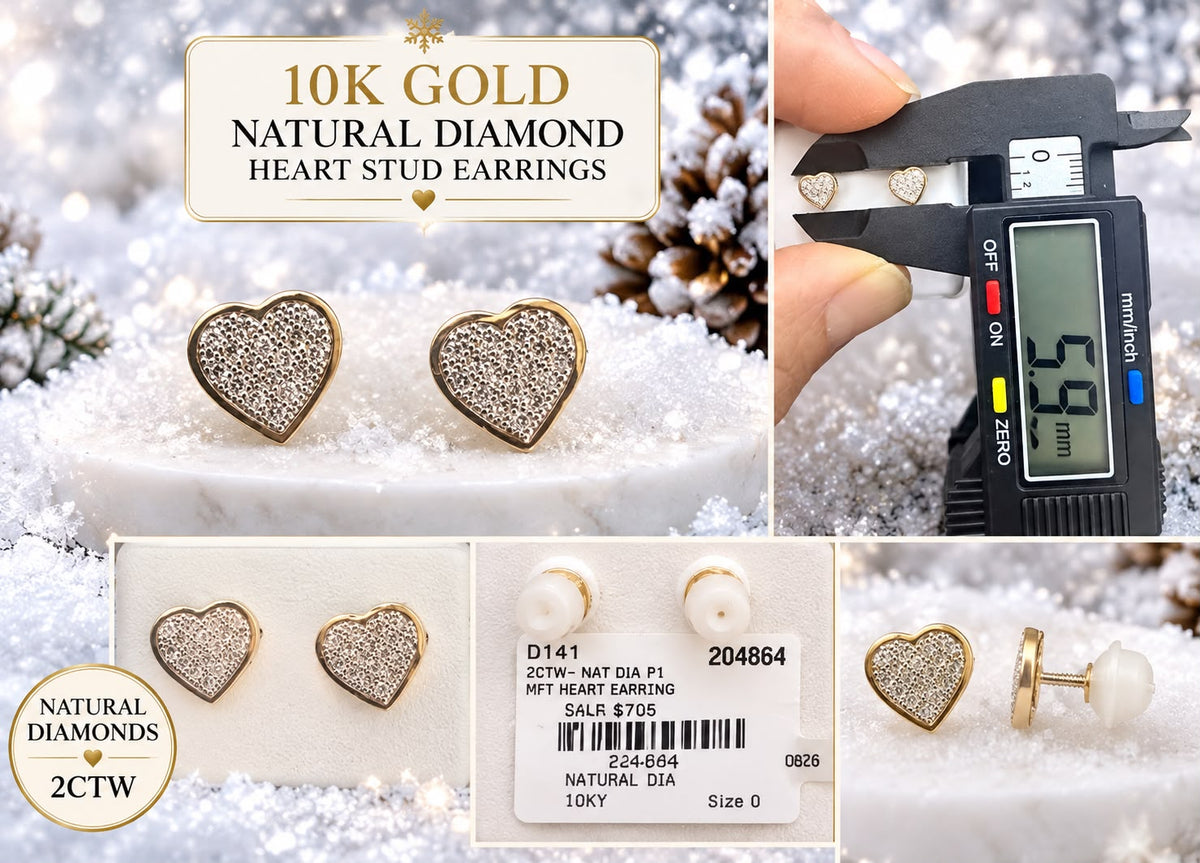 10K Yellow Gold 2 CTW Natural Diamond Heart Stud Earrings