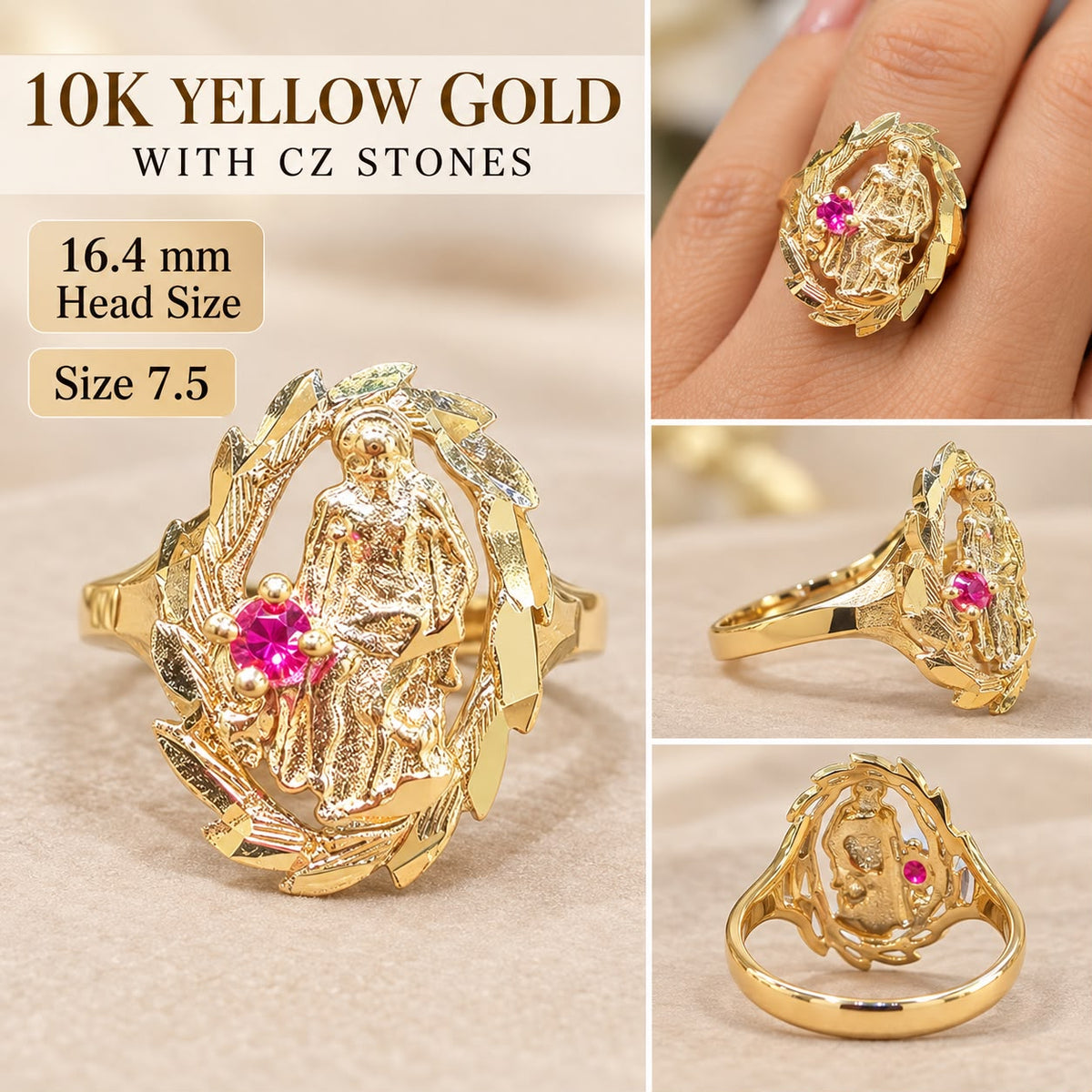 10K Yellow Gold San Judas St Jude Religious Ring Pink CZ Women’s Size 7.5 – 2g