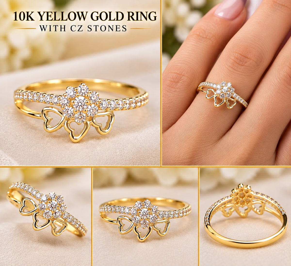 10K Yellow Gold Women’s CZ Flower Cluster Ring with Open Heart Design – 1 Gram