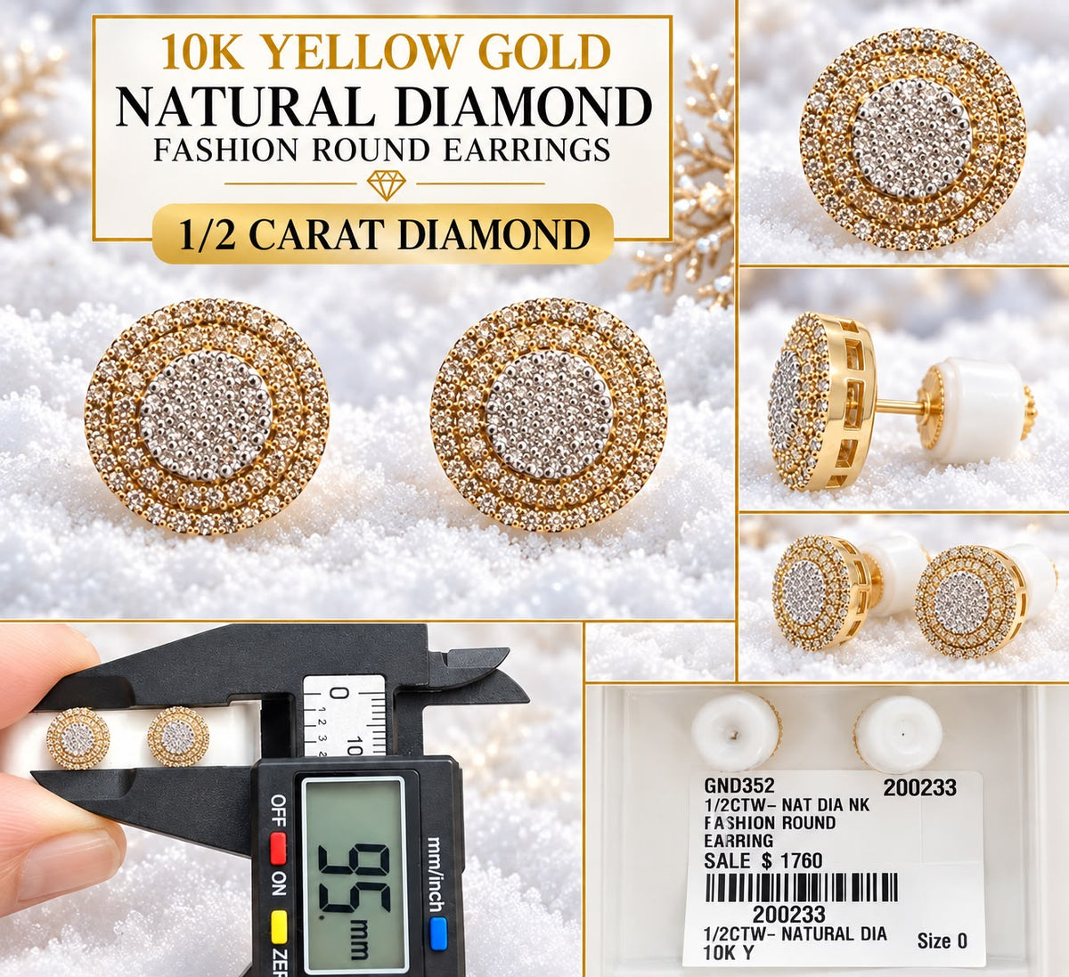 10K yellow gold round stud earrings 1/2 carat Natural Diamond