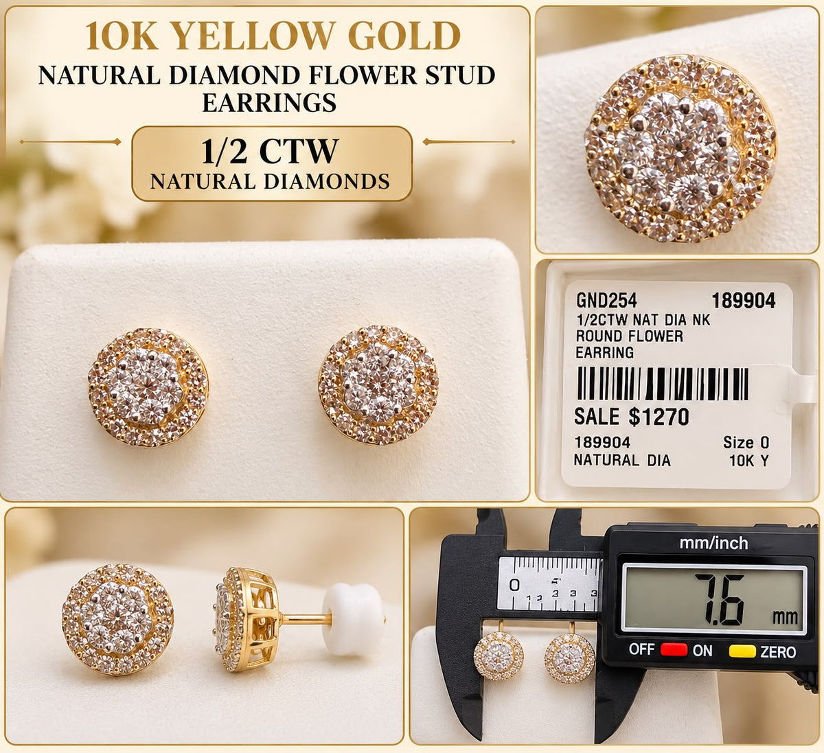 10K Yellow Gold 1/2 CTW Natural Diamond Round Flower Stud Earrings 7.6mm