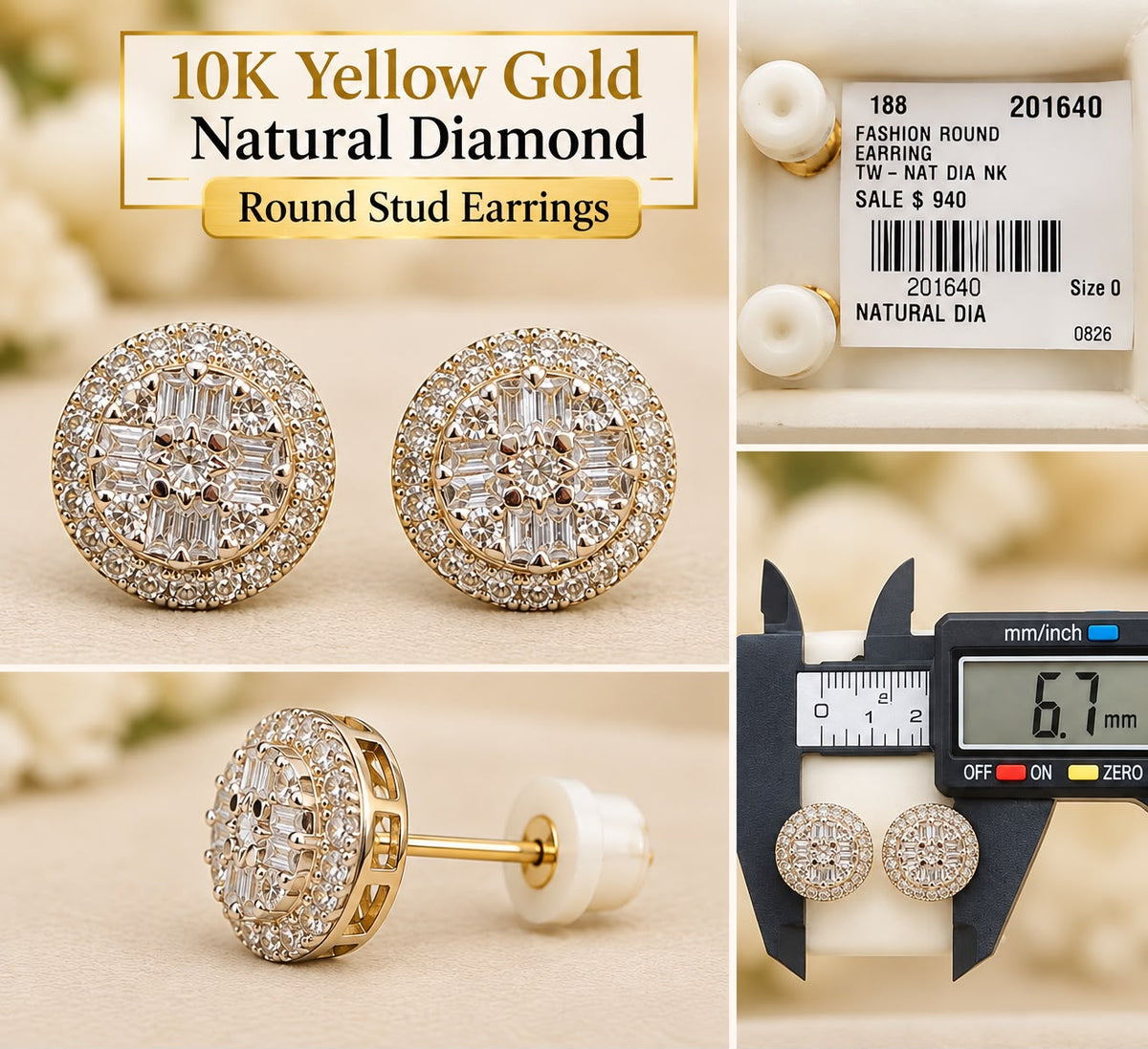 10K Yellow Gold Natural Diamond Round Baguette Cluster Stud Earrings 6.7mm
