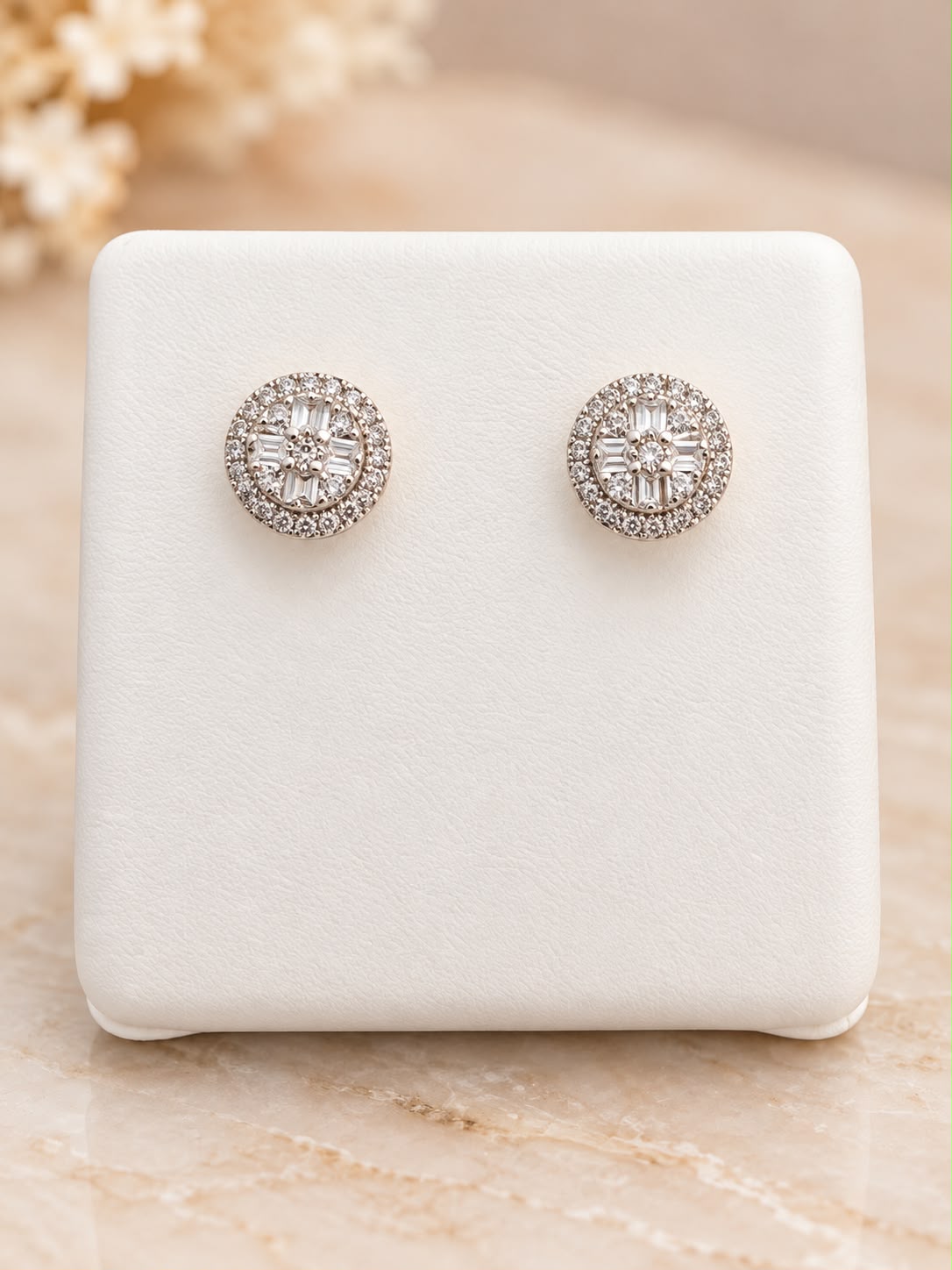 10K Yellow Gold Natural Diamond Round Baguette Cluster Stud Earrings 6.7mm