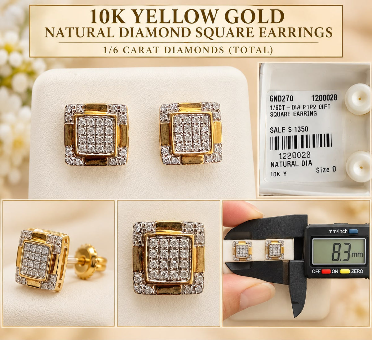 10K Yellow Gold 1/6 CTW Natural Diamond Square Stud Earrings 8.3mm