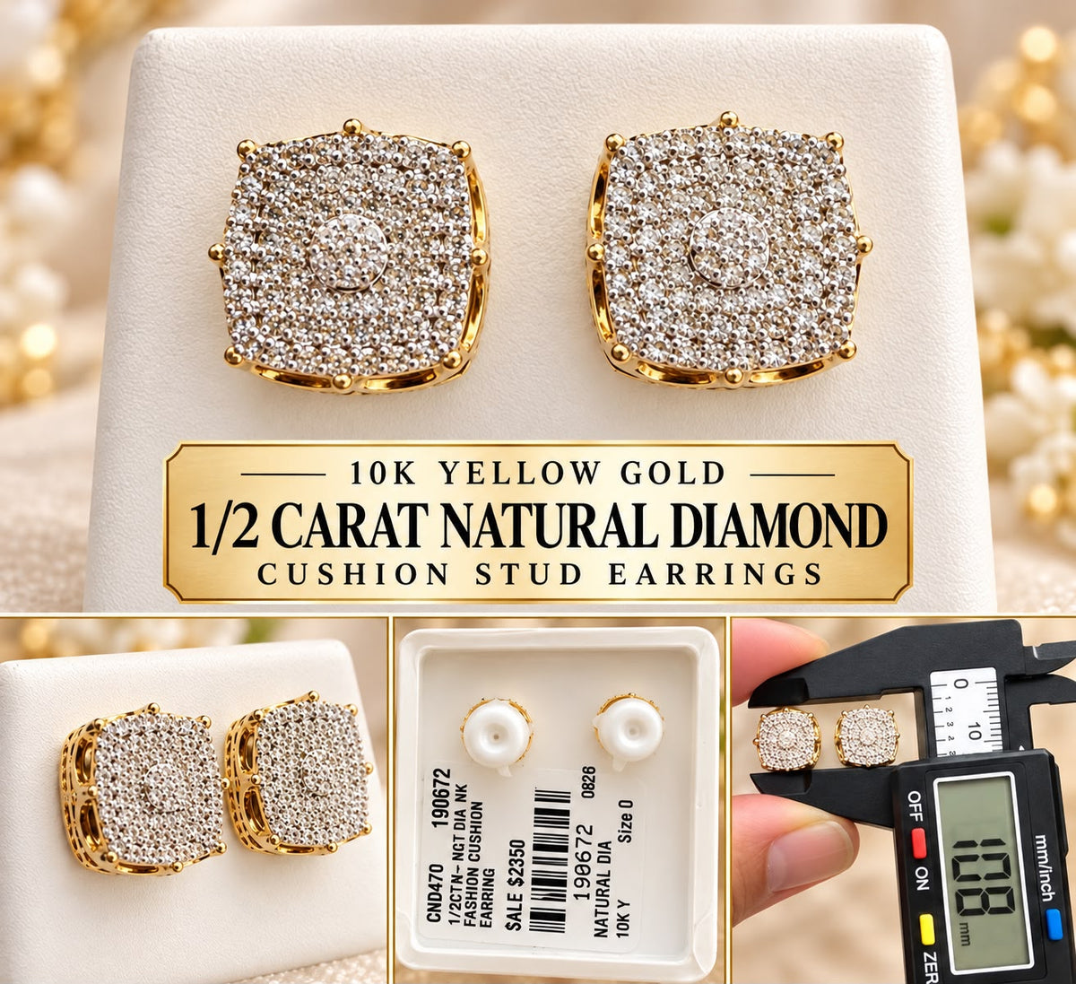 10K Yellow Gold 1/2 CTW Natural Diamond Cushion Square Stud Earrings 10.8mm
