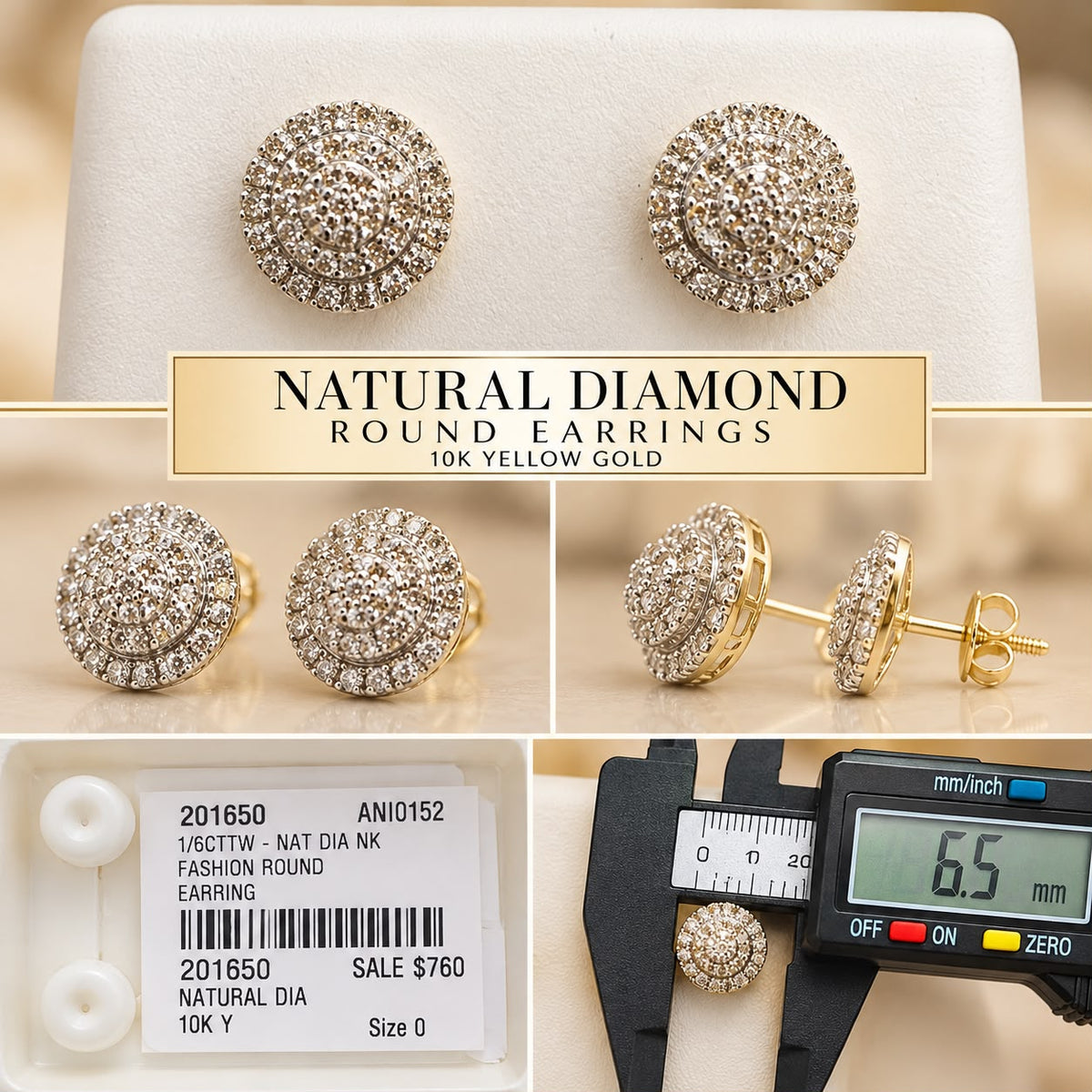 10K Yellow Gold 1/6 CTW Natural Diamond Round Cluster Stud Earrings 6.5mm