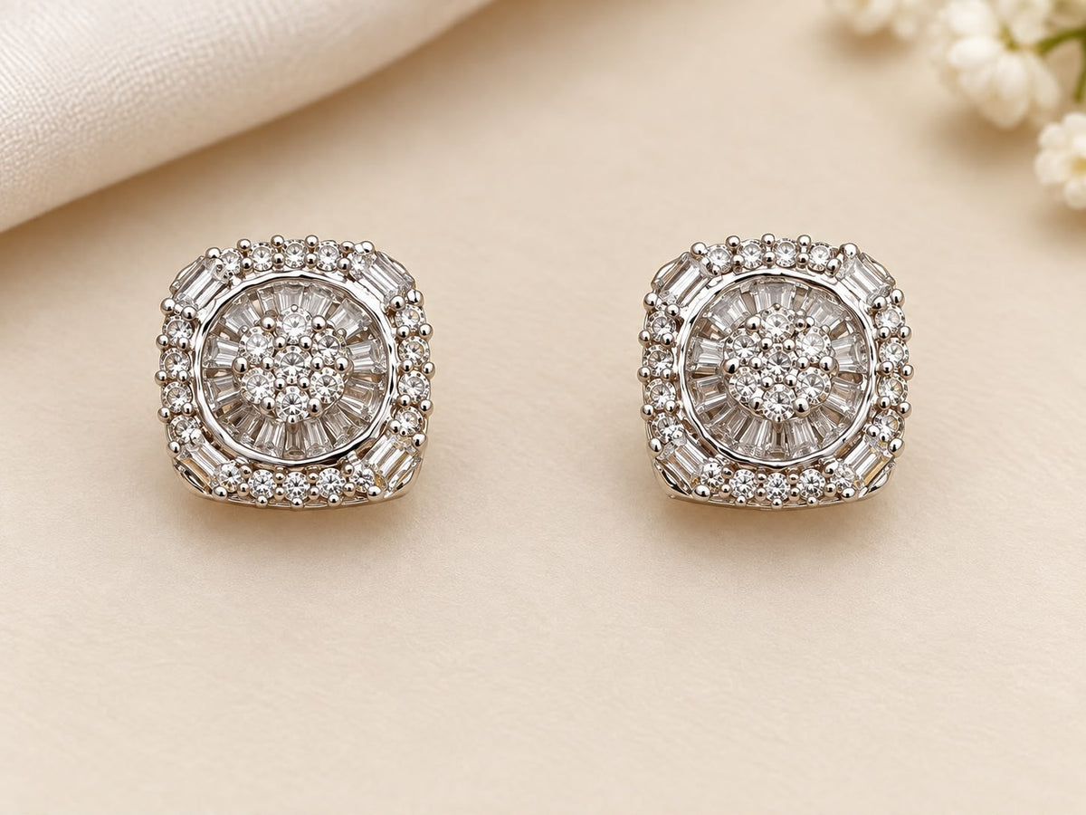 10K Yellow Gold Natural Diamond Cushion Square Cluster Stud Earrings