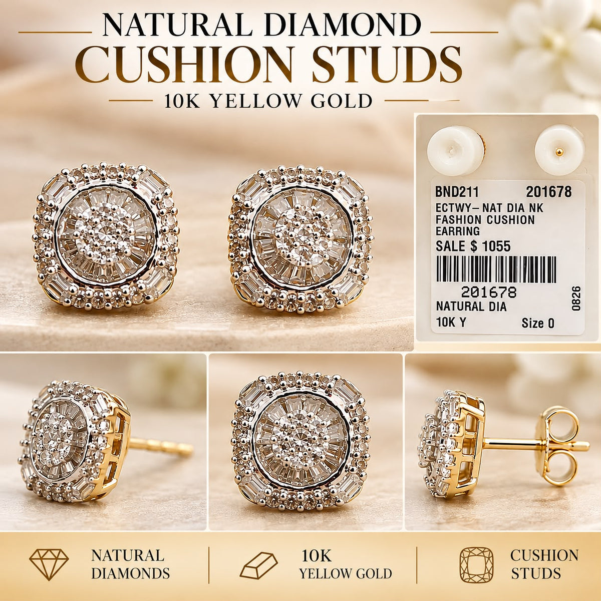 10K Yellow Gold Natural Diamond Cushion Square Cluster Stud Earrings
