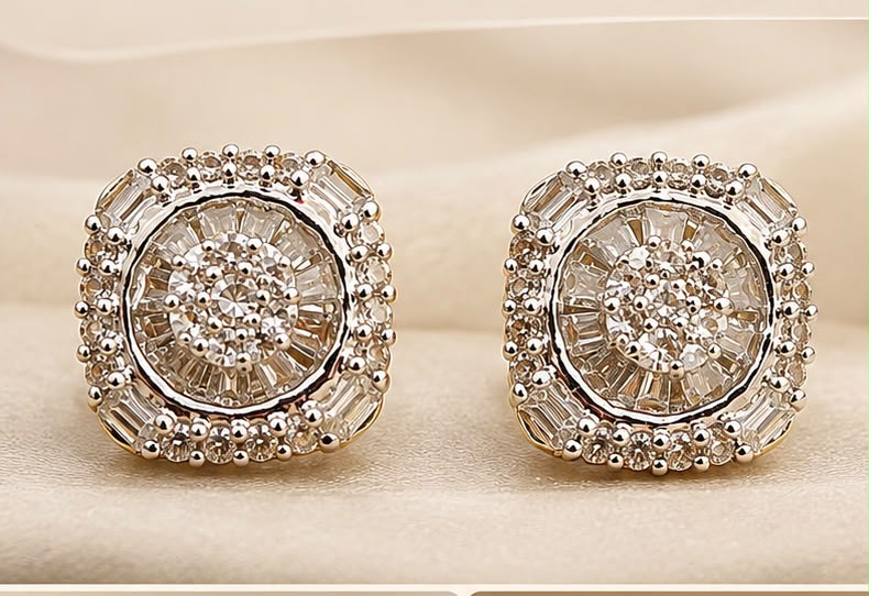 10K Yellow Gold Natural Diamond Cushion Square Cluster Stud Earrings