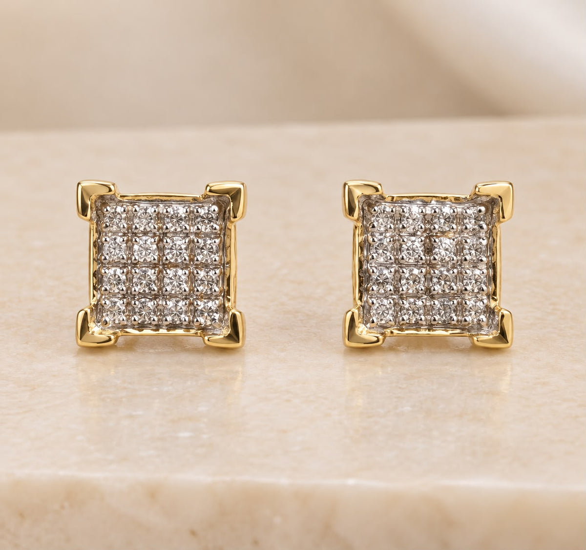 10K Yellow Gold 1/10 CTW Natural Diamond Square Cluster Stud Earrings 7.7mm