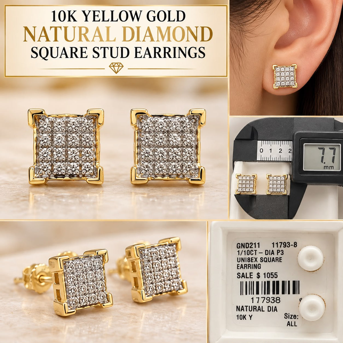 10K Yellow Gold 1/10 CTW Natural Diamond Square Cluster Stud Earrings 7.7mm